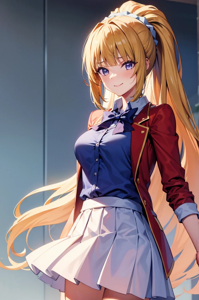 (8k, best quality, masterpiece,ultra detailed, ultra high res:1.2), anime keyvisual, official art, 
1girl,
Kei Karuizawa \(youjitsu\),
BREAK long hair, ponytail, yellow hair, 
purple eyes, blue bow, small hair scrunchie, 
[medium breasts], 
BREAK unbuttoned red blazer, (blue blouse, pleated white skirt:1.1), (smile:1.1), 
BREAK looking at viewer, cowboy shot, perfect light, 