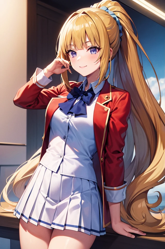 (8k, best quality, masterpiece,ultra detailed, ultra high res:1.2), anime keyvisual, official art, 
1girl,
Kei Karuizawa \(youjitsu\),
BREAK long hair, ponytail, yellow hair, 
purple eyes, blue bow, small hair scrunchie, 
[medium breasts], 
BREAK unbuttoned red blazer, (blue blouse, pleated white skirt:1.1), (smile:1.1), 
BREAK looking at viewer, cowboy shot, perfect light, 