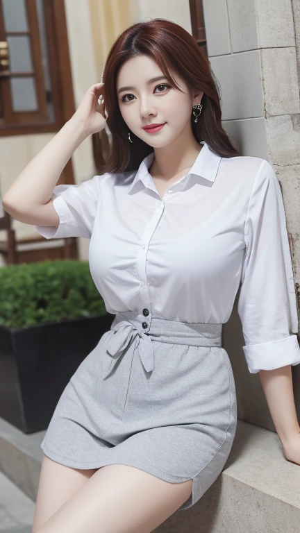 (8K, best quality, masterpiece, Golden Ratio Composition,:1.3), woman, (Beautiful woman in her 40s), (90 kg obese woman), (Thick thighs), (光滑的Long legs), (Wearing a white shirt,:1.2), (Huge breasts), (Long legs), Soft face line，Gentle，Silver short hair,