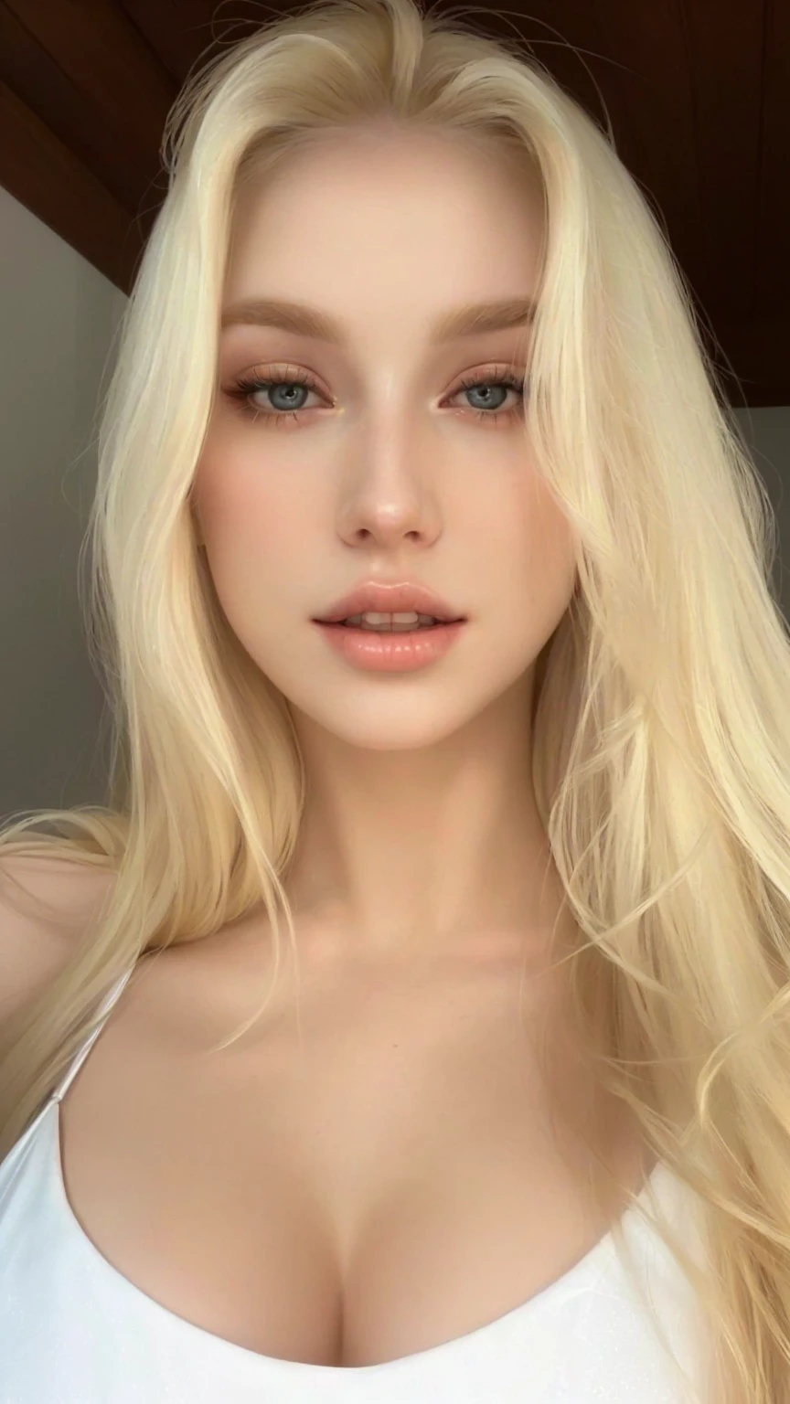 a close-up of a woman with long blonde hair and a white blouse, pale and glowing skin, ava max, yelena belova, blonde goddess, a gorgeous blonde, long blonde hair and big eyes, fair skin curly blonde hair, pale white skin, fair and pale skin!!, very light blonde hair, Anna Nikonova aka Newmilky, skin pale as ivory