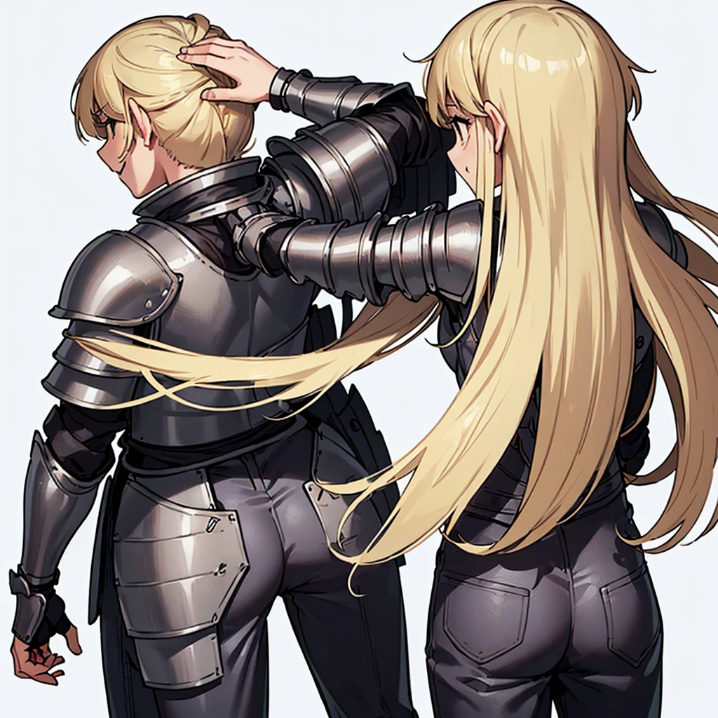 (((Solo)))、Highest quality, Best Quality、(((Gray simple armor、Black trousers))、(woman、18-year-old)、(Blonde、Long Hair)、(Cowboy Shot)、(White background)、(be happy、happy)、(From the back、Back view)、Run、Fighting stance