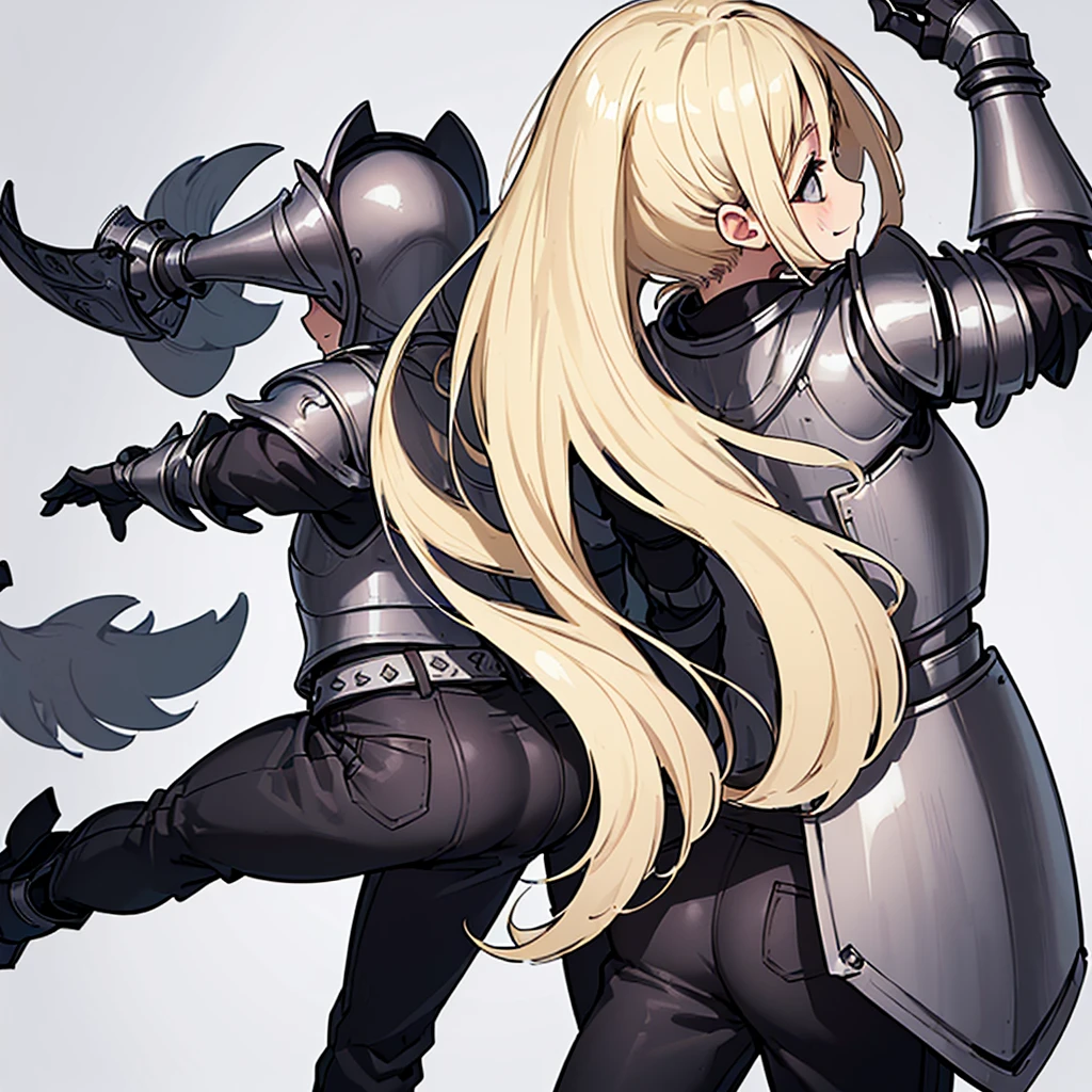 (((Solo)))、Highest quality, Best Quality、(((Gray simple armor、Black trousers))、(woman、18-year-old)、(Blonde、Long Hair)、(Cowboy Shot)、(White background)、(be happy、happy)、(From the back、Back view)、Run、Fighting stance