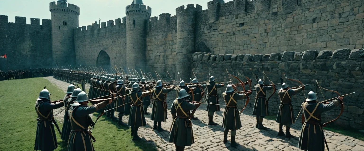 score_9, score_8_up, score_7_up, source_photo, photography, photorealistic, detailed, cinematic angle, rating safe, from below, Wide shot, Medieval soldiers on the ramparts firing their bows, masterpiece, best quality, 8k,