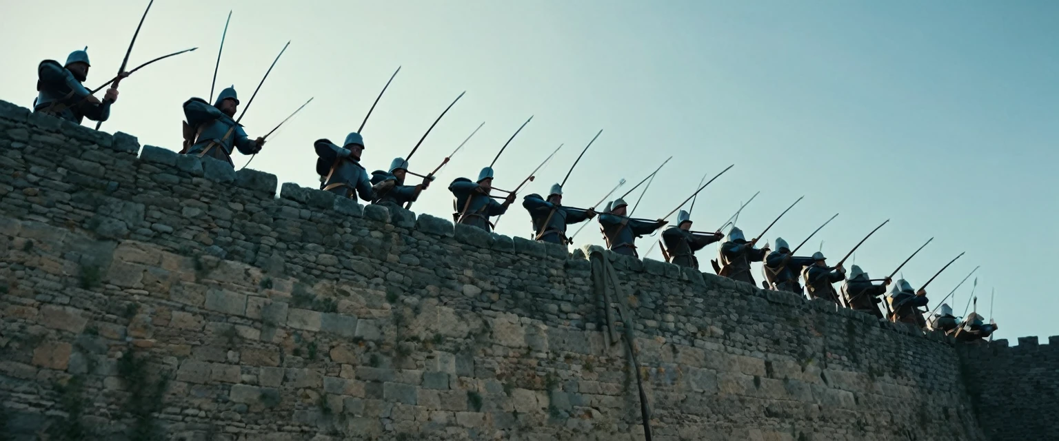 score_9, score_8_up, score_7_up, source_photo, photography, photorealistic, detailed, cinematic angle, rating safe, from below, Wide shot, Medieval soldiers on the ramparts firing their bows, masterpiece, best quality, 8k,