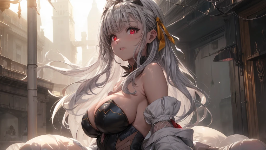 ((((Obra maestra, La mejor calidad, ultrahigh resolution)))), 1girl, standing, (cute maid costume), ((long pure silver hair and grey mesh hair, hair over eye)), long hair cut, pale skin, ((red eyes)), glowing_eyes, neon eyes, (ultra detailed eyes:0.7, beautiful and detailed face, detailed eyes:0.9), ((centered)), smile, ((wide shot)), facing viewer, ((vibrant background, bright lighting, summer, sunlight)), flat chested, looking at viewer, ((half closed eyes)), ((perfect hands)), (((head:1, arms, hips in view, elbows, arms, legs, in view))), ((hands behind back)), empty eyes, beautiful lighting, ((outside, outdoors)), defined subject, head tilt, (((gritty)), ((creepy)), ((cool)), ((beautiful)), (((SFW)))