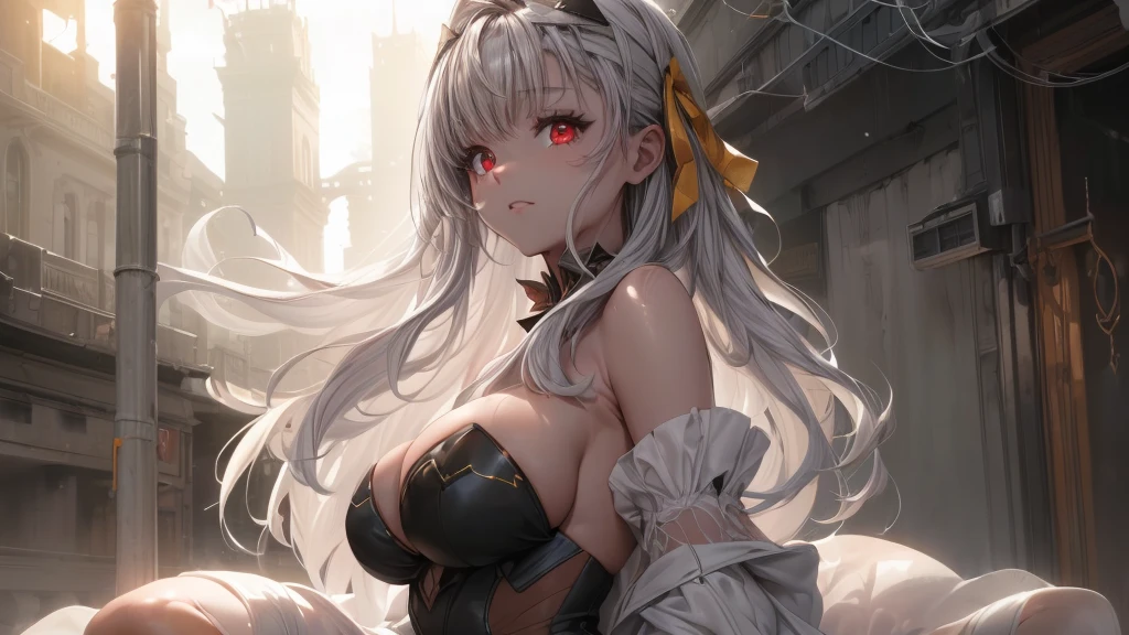 ((((Obra maestra, La mejor calidad, ultrahigh resolution)))), 1girl, standing, (cute maid costume), ((long pure silver hair and grey mesh hair, hair over eye)), long hair cut, pale skin, ((red eyes)), glowing_eyes, neon eyes, (ultra detailed eyes:0.7, beautiful and detailed face, detailed eyes:0.9), ((centered)), smile, ((wide shot)), facing viewer, ((vibrant background, bright lighting, summer, sunlight)), flat chested, looking at viewer, ((half closed eyes)), ((perfect hands)), (((head:1, arms, hips in view, elbows, arms, legs, in view))), ((hands behind back)), empty eyes, beautiful lighting, ((outside, outdoors)), defined subject, head tilt, (((gritty)), ((creepy)), ((cool)), ((beautiful)), (((SFW)))