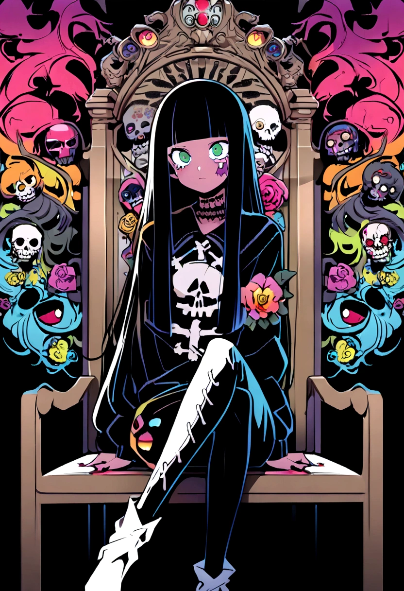 Black Hair、Black Feather、Gothic Punk、sit on a chair, cross one's legs、Throne、tears,anime zombie witch design, crossbones, skulls, street wear design, pro vector, Horror style, full design, 6 colors only, solid colors, no shadows, full design, sticker, bright colors, white background.super fine illustration,(((beautiful fine hair))),(((beautiful fine face))),(((beautiful fine background))),(((beautiful fine hair))),(((beautiful fine face))),(((beautiful fine background))),Midsummer、beachBlack Hair、blunt bangs、Cross-eyed