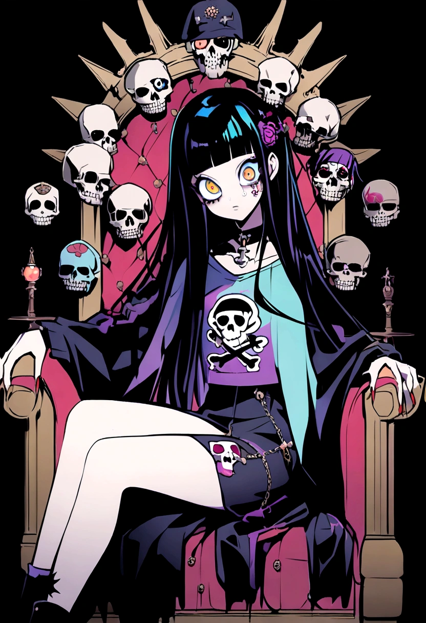 Black Hair、Black Feather、Gothic Punk、sit on a chair, cross one's legs、Throne、tears,anime zombie witch design, crossbones, skulls, street wear design, pro vector, Horror style, full design, 6 colors only, solid colors, no shadows, full design, sticker, bright colors, white background.super fine illustration,(((beautiful fine hair))),(((beautiful fine face))),(((beautiful fine background))),(((beautiful fine hair))),(((beautiful fine face))),(((beautiful fine background))),Midsummer、beachBlack Hair、blunt bangs、Cross-eyed