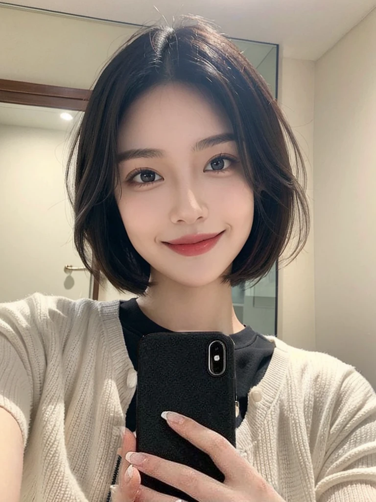 woman,beautiful,short hair,cute,smile,Selfie in front of the mirror,Crop shirt