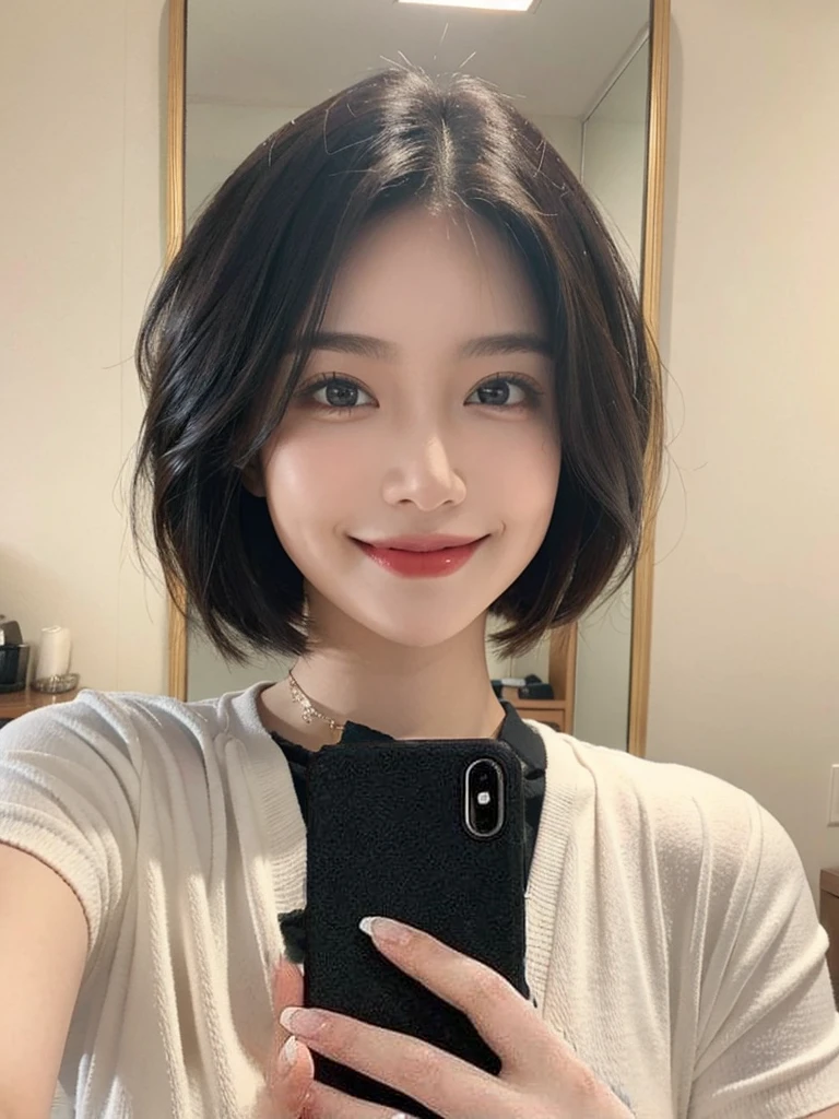 woman,beautiful,short hair,cute,smile,Selfie in front of the mirror,Crop shirt