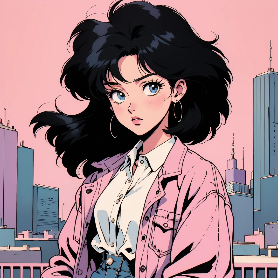 anime girl, 90s animation, Vintage Classic Anime Aesthetic, pink coveralls, white shirt, short, long black hair, split, city, magazine background, city, city pop