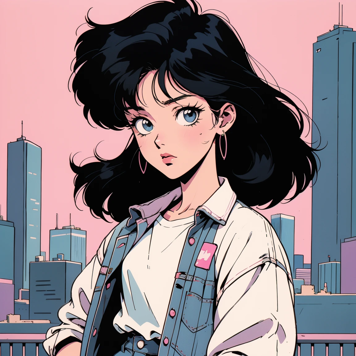anime girl, 90s animation, Vintage Classic Anime Aesthetic, pink coveralls, white shirt, short, long black hair, split, city, magazine background, city, city pop