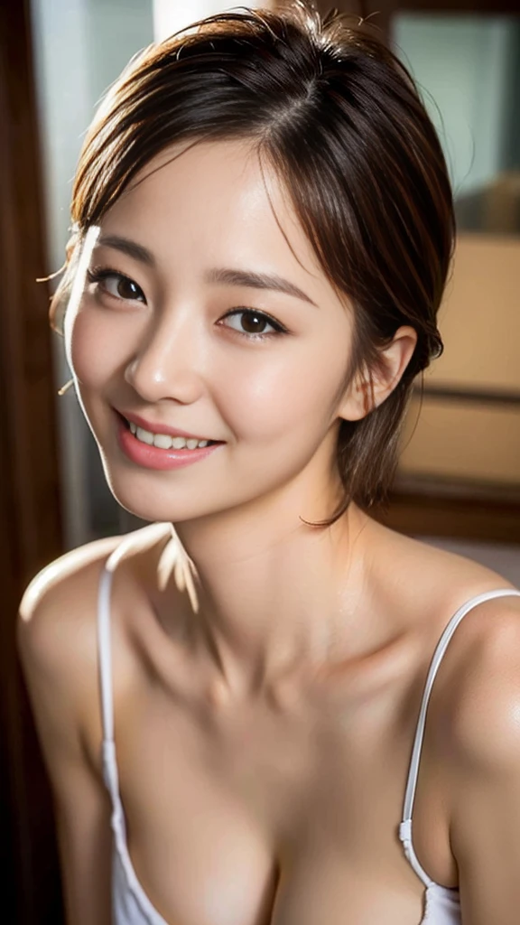 Highest quality, Ultra-high resolution, (Realistic: 1.4), Beautiful Eyes, so beautiful, short hair, Beautiful breasts, spouse, Rough chest T-shirt, Eyes that invite the viewer, spouse's eyes, Attractive look, Sexy smile, Perfect Style, Perfect balance, Detailed skin, Naughty Eyes, I can see your chest,Ridiculous
