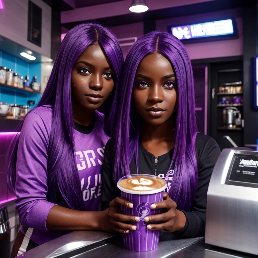 futuristic girl, dark skin, purple colored eyes, space, purple hair, blue hair, pink hair, long hair, dark skin, futuristic coffee shop, fallout