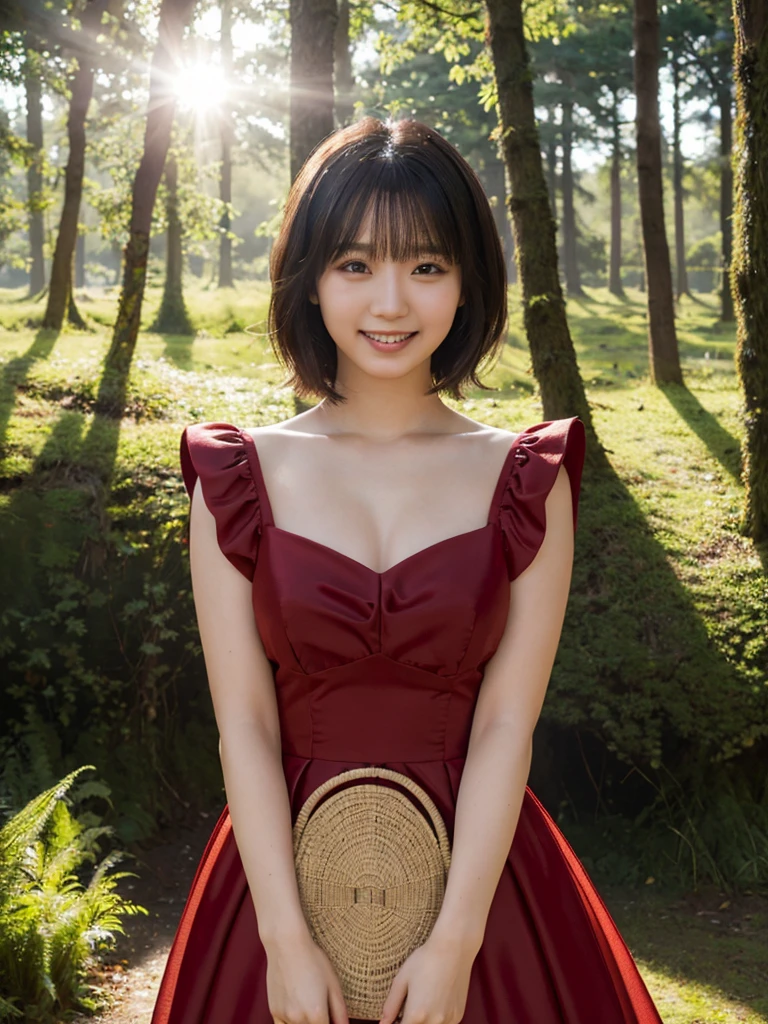 (Highest quality,masterpiece:1.3,Ultra-high resolution),(Very detailed,Caustics,8K), (Realistic:1.4, RAW shooting),(A mysterious forest, Dense teeth),wood々Sunlight shining through ,Light pours down,20-year-old,cute,Are standing,(smile),Looking into the camera,Black hair medium hair,(Crimson Dress), (Bust up shot),Natural light