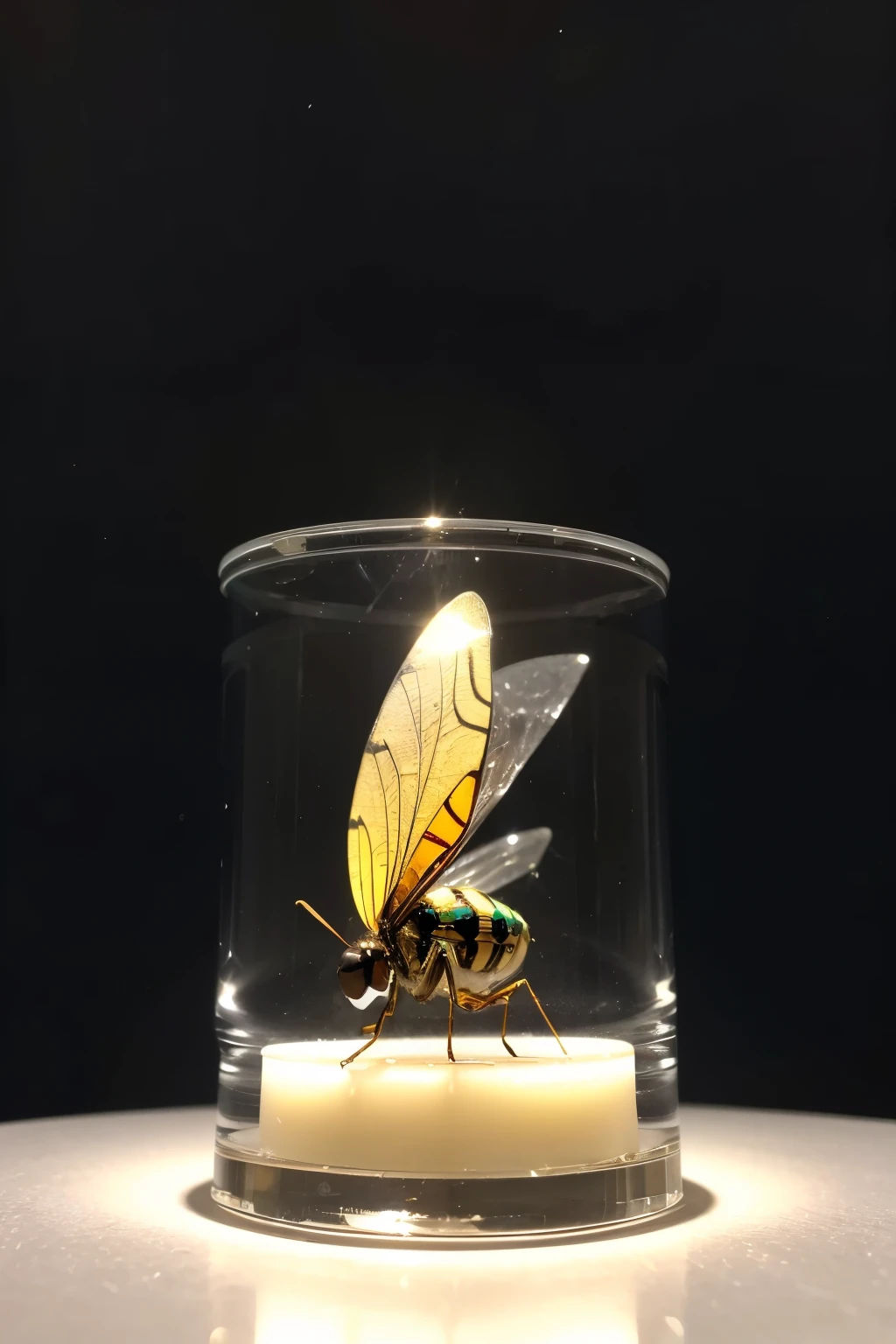 ((best qualityer)), ((work of art)), (detailded), 1 fly insect with a normal shape, She is on top of a cylindrical ice object surrounded by protective transparent plastic., the object inside is cream yellow and they are on a table