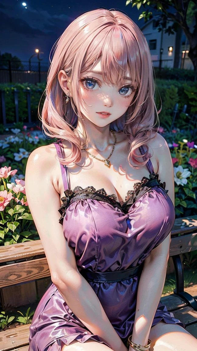 (Masterpiece, BestQuality:1.3), (ultra detailed:1.2), (hyperrealistic:1.3), (RAW photo:1.2), High detail RAW color photo, professional photograph, (Photorealistic:1.4), (realistic:1.4), (Pink Hair:1.5), professional lighting, perfect anatomy, (Big Breasts:1.2), (blush, detailed face), (cheerful Smile:1.5), Trending Hair&Trending Hairカラーをランダムに, earrings, necklace, bracelet, sexly, erotic sexly, Random sexy gravure poses, (Beautiful cosplayer wearing a black and red lolita dress、Sitting elegantly in a Victorian garden、Smiling。With a big ribbon on her head、She is holding a lace handbag in her hand。:1.3)