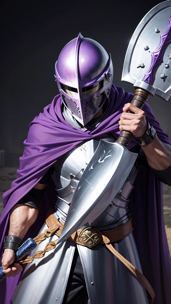 Knight wearing a bucket helmet that covers the face, with a purple cape and wields a battle axe