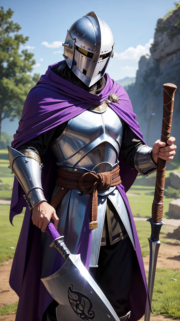 Knight wearing a bucket helmet that covers the face, with a purple cape and wields a battle axe