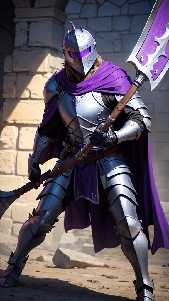 Knight wearing a bucket helmet that covers the face, with a purple cape and wields a battle axe