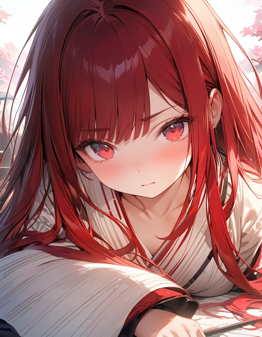 masterpiece　Detailed description　A woman with very long red hair　Japanese-style yukata　Embarrassed(Masseter muscle area, high quality, Mysterious, Beautiful and beautiful, Ideal body proportions, Official image art, Impressionism), (Ultra-high resolution, 8k RAW photos, Photorealistic, Natural light, Textile Shading),Perfect Fingers
