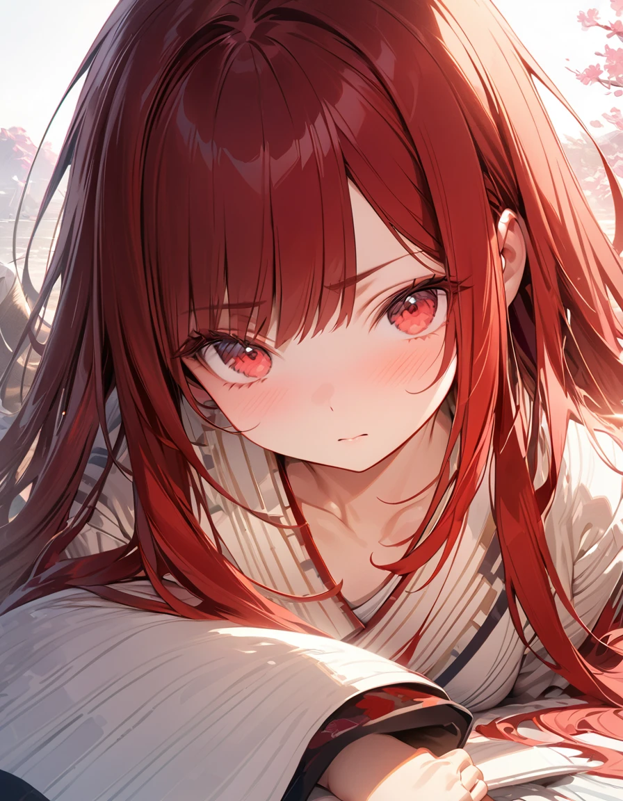 masterpiece Detailed description A woman with very long red hair Japanese-style yukata Embarrassed(Masseter muscle area, high quality, Mysterious, Beautiful and beautiful, Ideal body proportions, Official image art, Impressionism), (Ultra-high resolution, 8k RAW photos, Photorealistic, Natural light, Textile Shading),Perfect Fingers