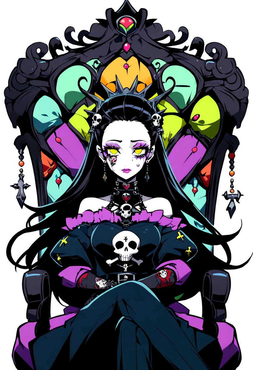 Black Hair、Gothic Punk、sit on a chair, cross one's legs、Throne、tears,anime zombie witch design, crossbones, skulls, street wear design, pro vector, Horror style, full design, 6 colors only, solid colors, no shadows, full design, sticker, bright colors, white background.super fine illustration,(((beautiful fine hair))),(((beautiful fine face))),(((beautiful fine background))),