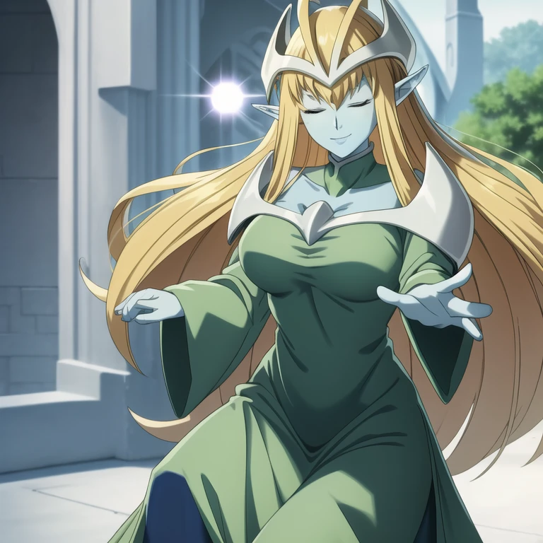 mysticalygo, mystical elf, smile, friendly look, medium breasts, eyes closed, green dress, large long skirt, sleeve cover hands, no hands, large long sleeves, blue skin, blonde hair, long hair, Yugioh,