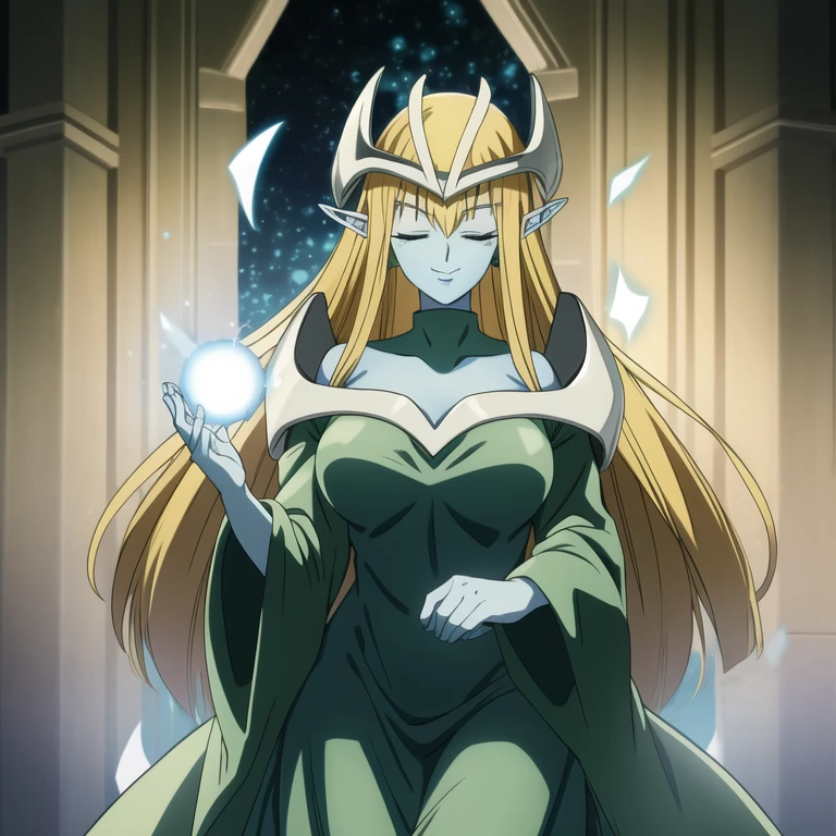 mysticalygo, mystical elf, smile, friendly look, medium breasts, eyes closed, green dress, large long skirt, sleeve cover hands, no hands, large long sleeves, blue skin, blonde hair, long hair, Yugioh,
