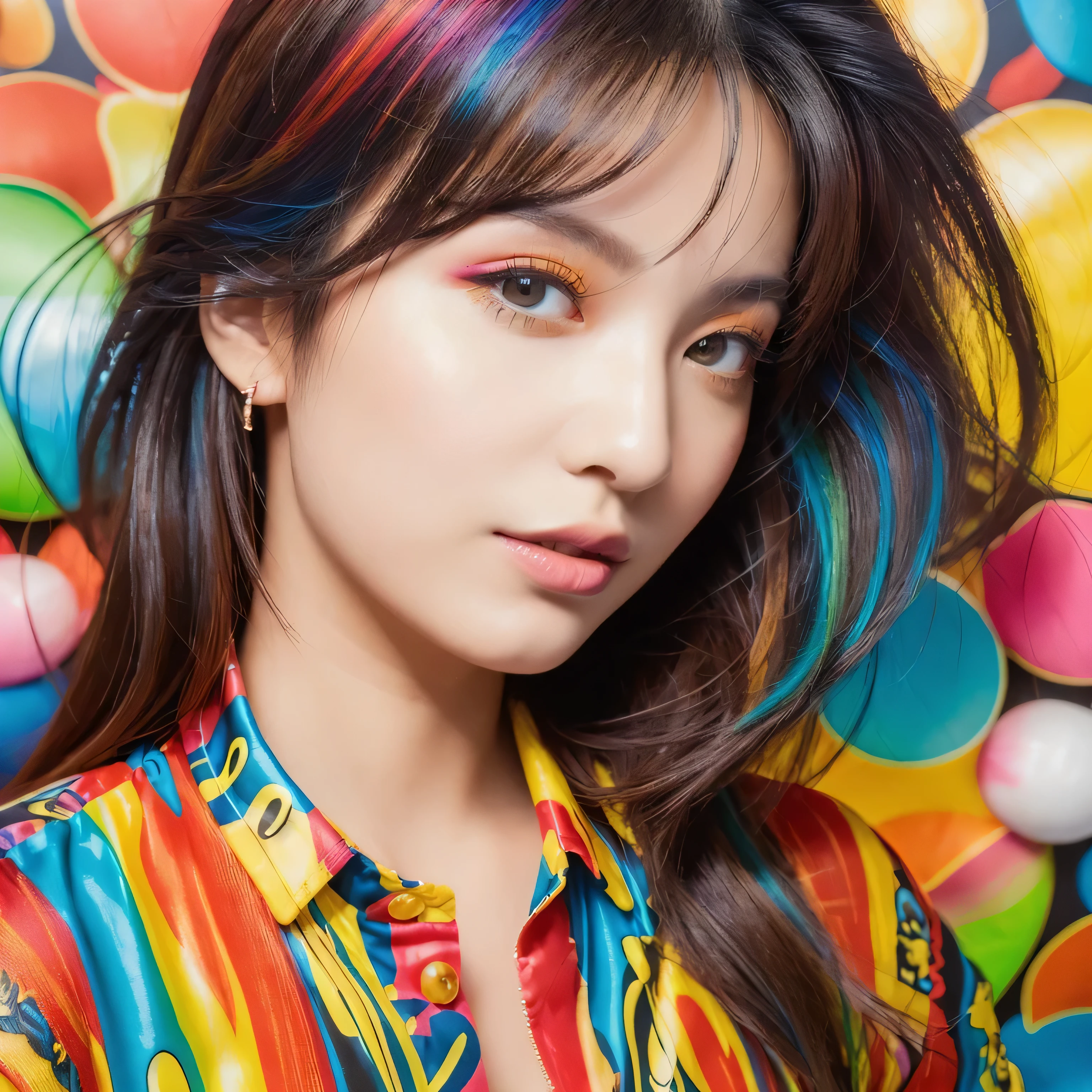 (Best Quality, Masterpiece, Ultra High Definition, High resolution, highly detailed, High Definition Face:1.5), (Vivian Hsu:1.2), 20-year-old woman, 1 beautiful woman, (Neon Color Fashion, colorful fashion, Colorful Style, Vibrant colors:1.3), beautiful eyes, light in the eyes, eyes are in focus, Big Breasts, white skin, Glossy, shiny skin, very Fair skin, violently fluttering hair, random hair styles, random hair color, Slim