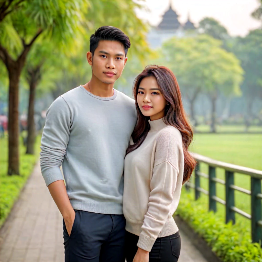A handsome Indonesian man is relaxing with his beautiful black-haired girlfriend. background taman
