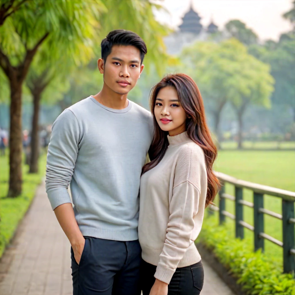 A handsome Indonesian man is relaxing with his beautiful black-haired girlfriend. background taman
