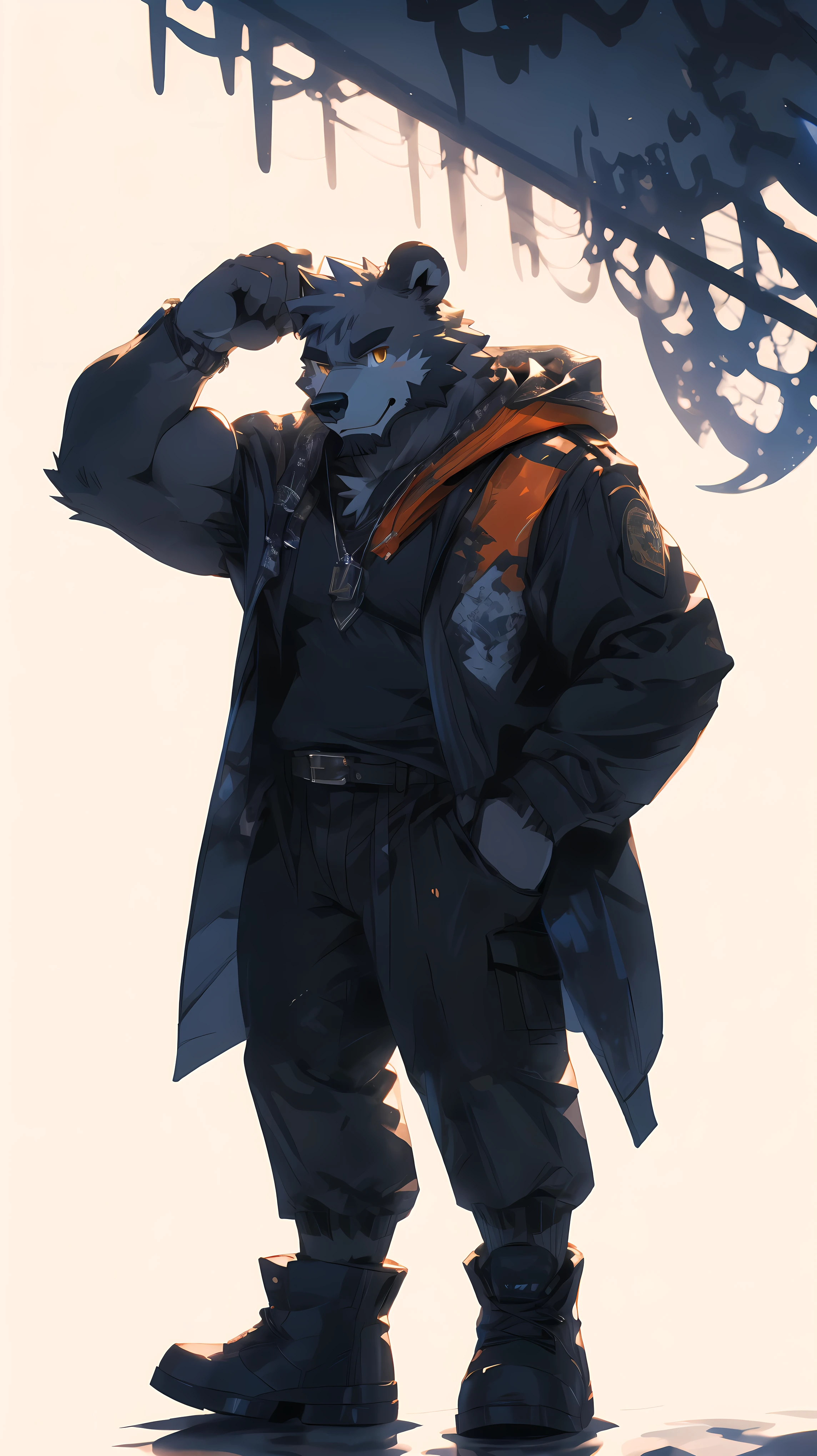 Solo, male, campfire under night sky, bulge, by bigcozyorca, by goonie-san, by bebebebebe, by spikedmauler, front view, big buff , bear, ebony black fur, black fur, bushy tail, buff, wearing brown fantasy leather armor, tall, masculine, bulge, sexy, sexy expression, ale in hand