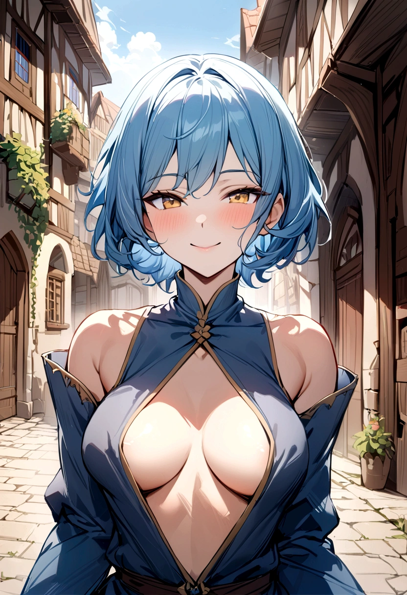 (Medieval Europe:1.2),(best quality,high resolution,masterpiece:1.2),(Stills),(Sunny atmosphere:1.3),Front view,(1 beautiful woman),(A 23-year-old female),(,only revealing his upper body:1.0),(Depth of Field),(Outdoor during the day,:1.2),Blue Hair,Yellow eyes,short hair,posture,Happy expression,Smile