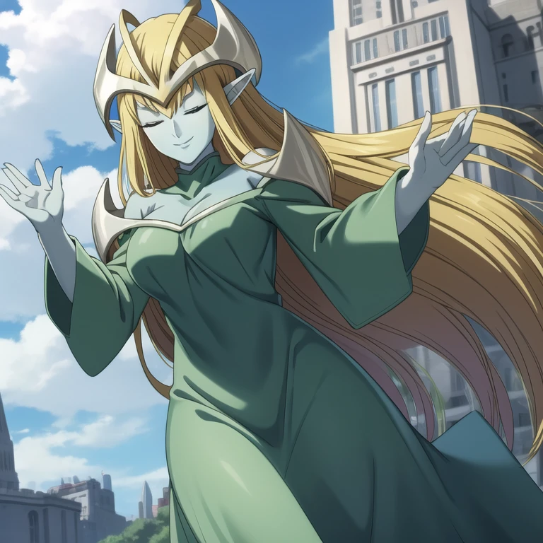 mysticalygo, mystical elf, smile, friendly look, medium breasts, eyes closed, green dress, large long skirt, sleeve cover hands, no hands, large long sleeves, blue skin, blonde hair, long hair, Yugioh, city, park ground 