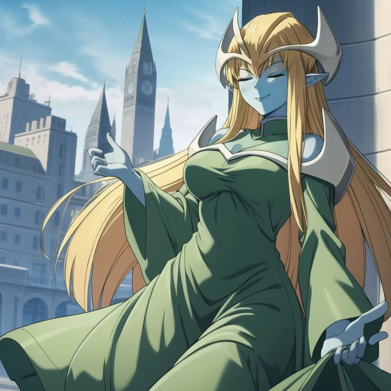 mysticalygo, mystical elf, smile, friendly look, medium breasts, eyes closed, green dress, large long skirt, sleeve cover hands, no hands, large long sleeves, blue skin, blonde hair, long hair, Yugioh, city, park ground