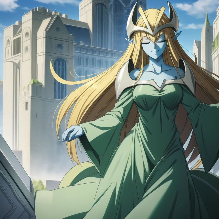 mysticalygo, mystical elf, smile, friendly look, medium breasts, eyes closed, green dress, large long skirt, sleeve cover hands, no hands, large long sleeves, blue skin, blonde hair, long hair, Yugioh, city, park ground