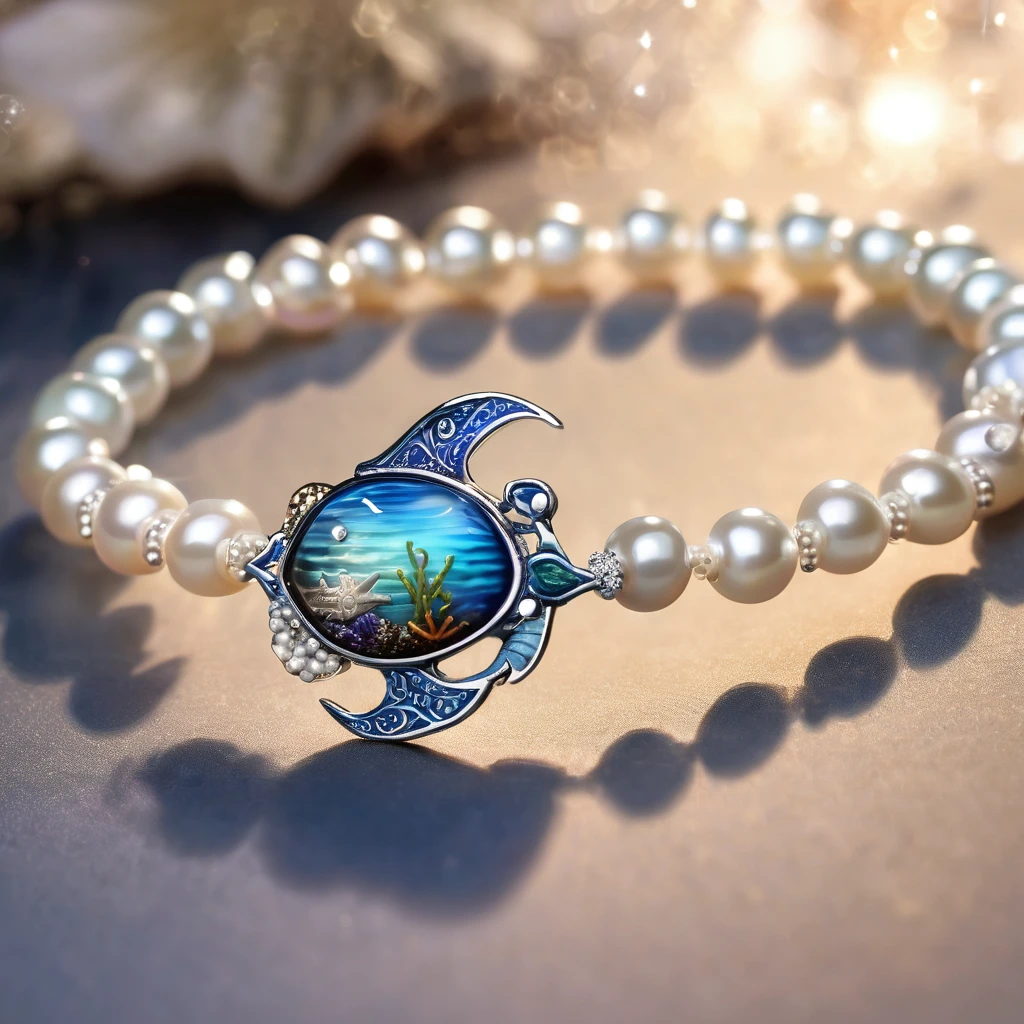 A shiny silver bracelet, on the wrist, (marine-themed charms:1.5), pearls, transparent colorful beads, delicate thin chain, (best quality, 4k, 8k, highres, masterpiece:1.2), ultra-detailed, (realistic, photorealistic, photo-realistic:1.37), intricate jewelry design, exquisite craftsmanship, shimmering metallic, ocean-inspired, iridescent pearls, vibrant hues, delicate filigree, elegant accessory, feminine aesthetics, close-up, detailed texture, soft focus, warm lighting
