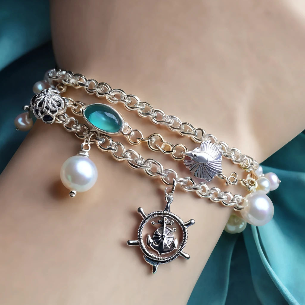 A shiny silver bracelet, on the wrist, (marine-themed charms:1.5), pearls, transparent colorful beads, delicate thin chain, (best quality, 4k, 8k, highres, masterpiece:1.2), ultra-detailed, (realistic, photorealistic, photo-realistic:1.37), intricate jewelry design, exquisite craftsmanship, shimmering metallic, ocean-inspired, iridescent pearls, vibrant hues, delicate filigree, elegant accessory, feminine aesthetics, close-up, detailed texture, soft focus, warm lighting