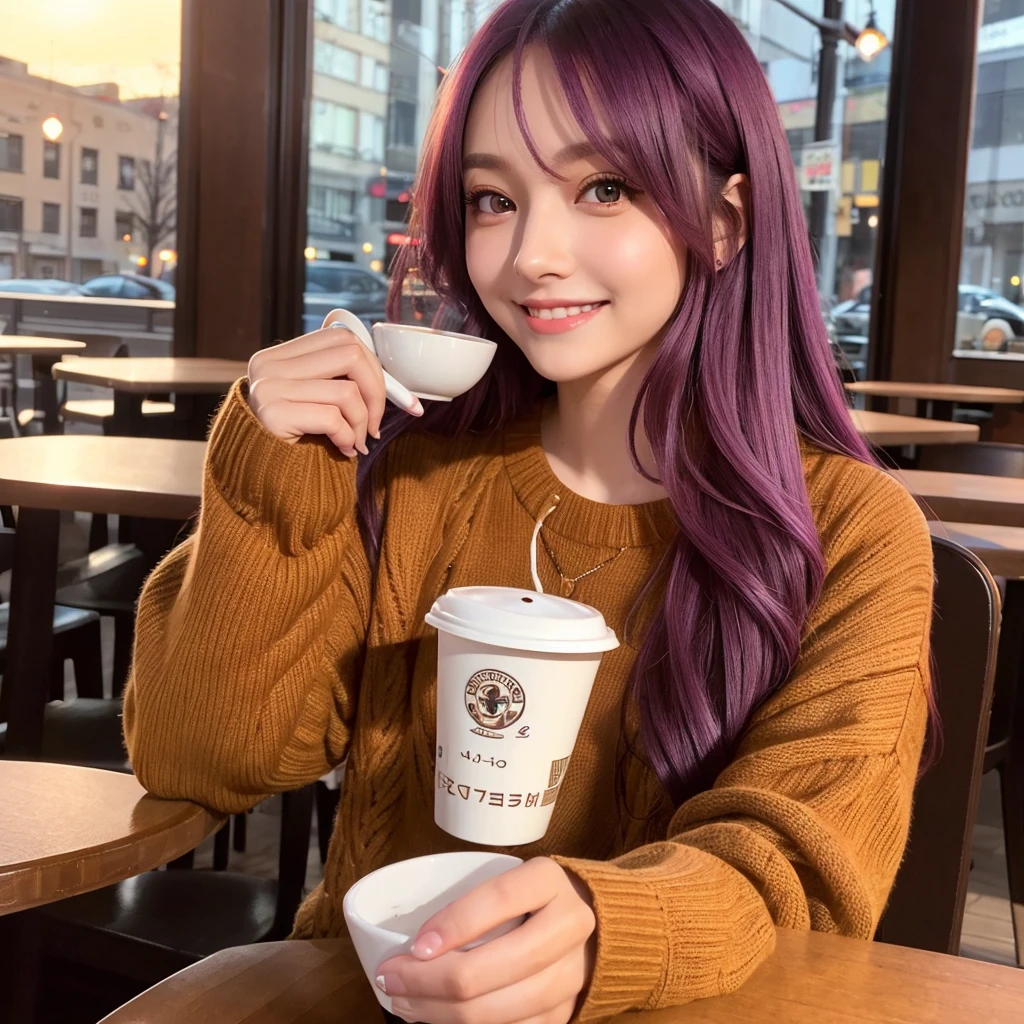 He is wearing a brown sweater and sitting in a cafe drinking coffee、A cute girl with long straight purple hair, magenta eyes and a round face, sunset, smile