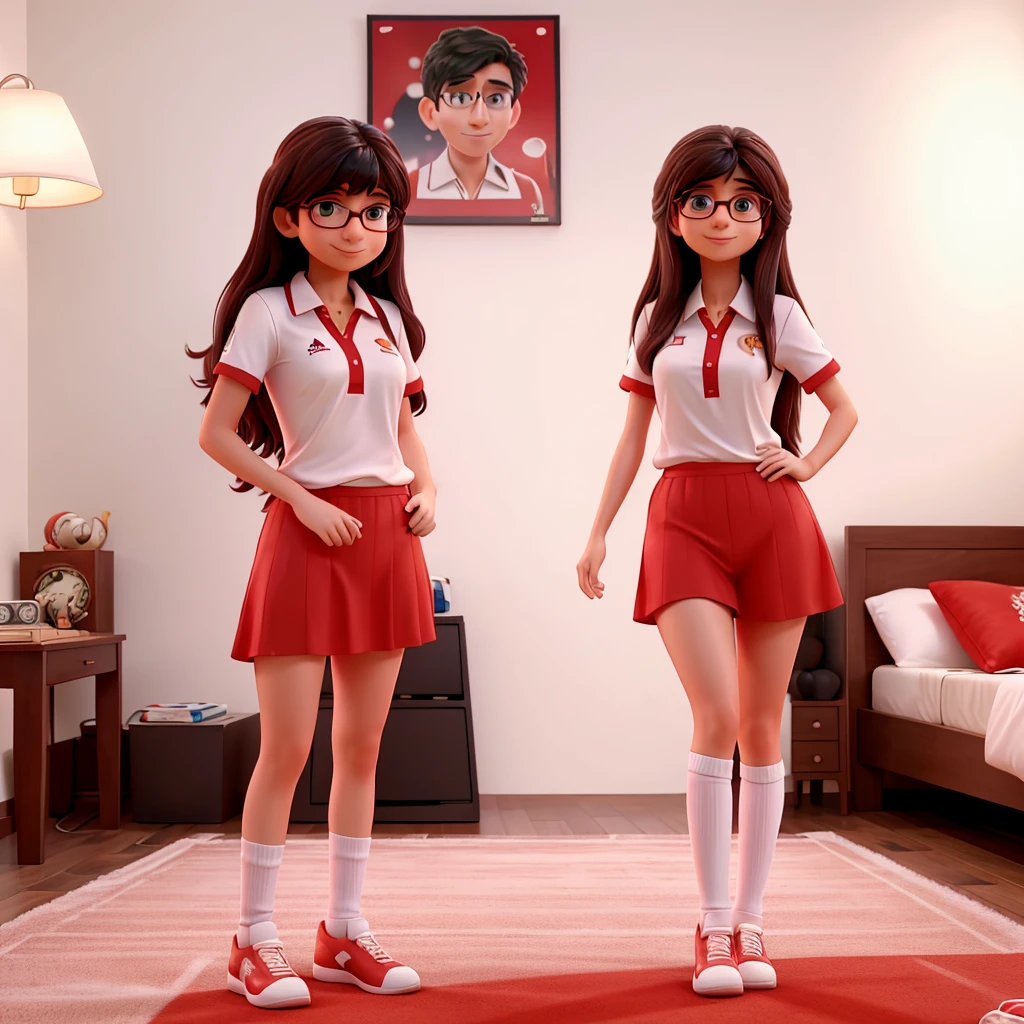 Messi with mia Khalifa inside a white room with a bed and red lights