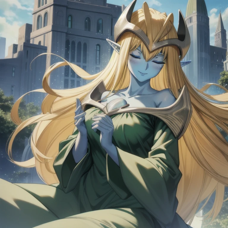 mysticalygo, mystical elf, smile, friendly look, medium breasts, eyes closed, green dress, large long skirt, sleeve cover hands, no hands, large long sleeves, blue skin, blonde hair, long hair, Yugioh, city, park ground