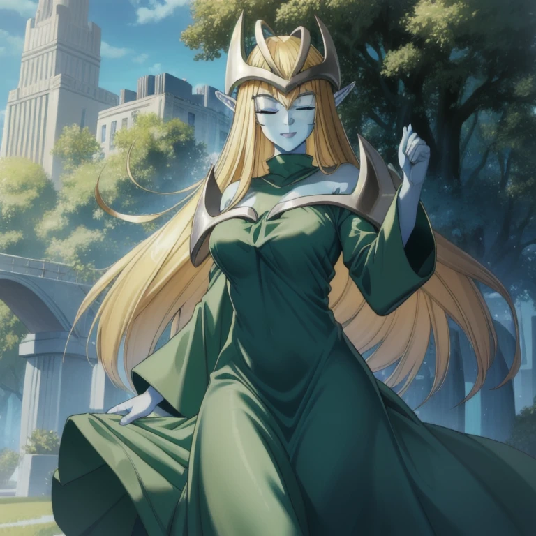 mysticalygo, mystical elf, smile, friendly look, medium breasts, eyes closed, green dress, large long skirt, sleeve cover hands, no hands, large long sleeves, blue skin, blonde hair, long hair, Yugioh, city, park ground