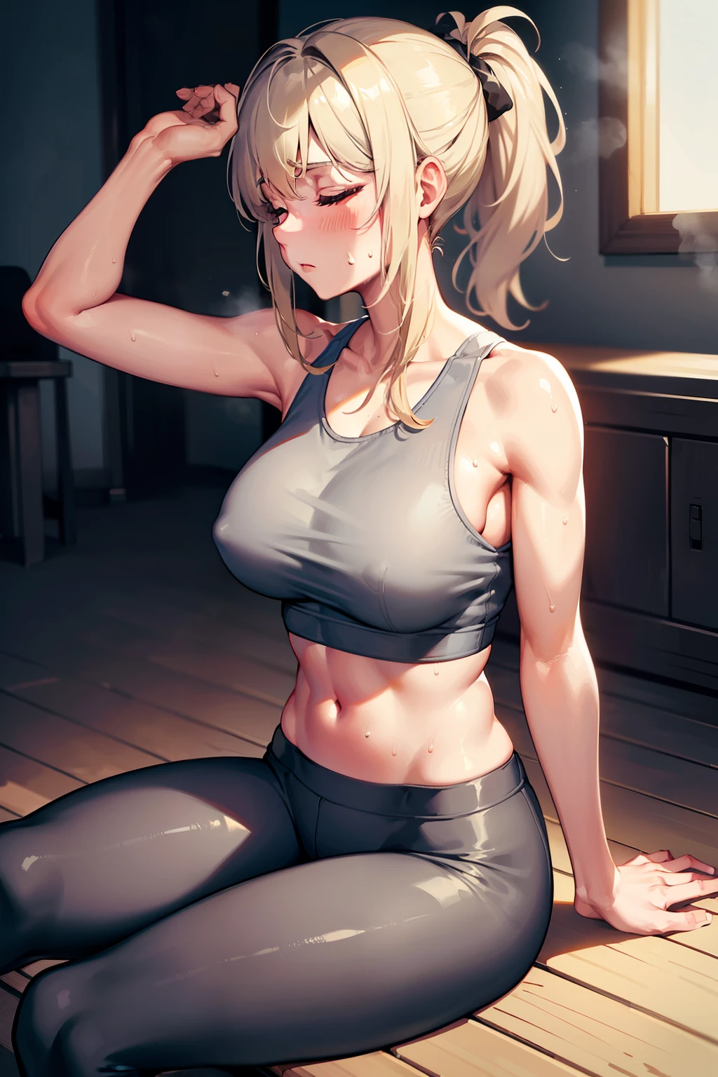 gym, exersice, one adult woman, workout, hot, sweating, sweaty, tan, medium , lifting, yogapants, grey yogapants, grey pants, grey clothes, blonde, ponytail, lean body, blonde, blonde hair, woman, grey pants, one girl cute , exercise machine, sitting, sitting , eyes closed, closed eyes, sitting, sweat, drenched, grey clothes , grey top, gray top