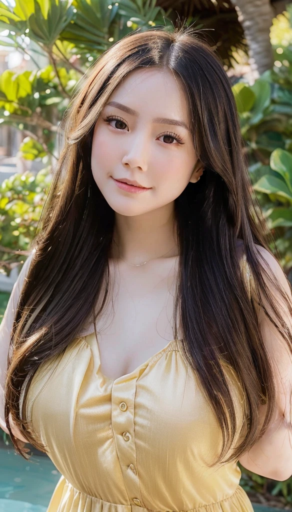 Portrait of a girl with slow movements of her body going up and down, making her hair softly flow. Her hair glows in the golden sunlight, gently swaying like silk. Her serene face is framed by delicate, fluttering strands, creating a dreamy, ethereal atmosphere. Soft petals float around her, adding magic