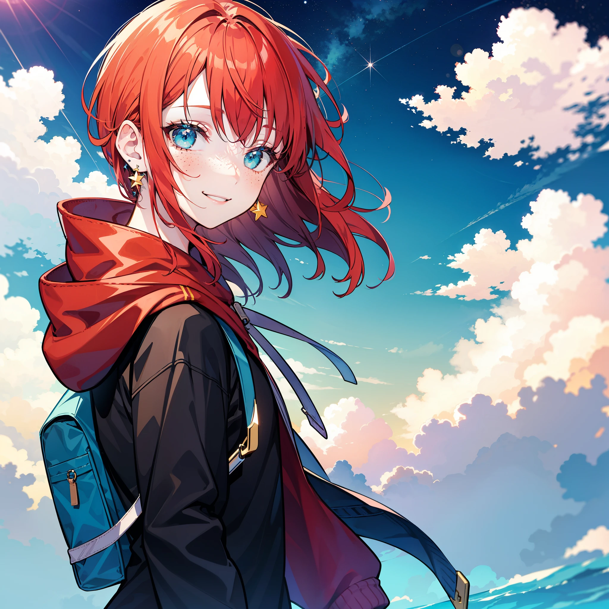 rating:safe, 1girl, solo, backpack, smile, earrings, bag, jewelry, looking_at_viewer, hood, blue_eyes, blush, red_hair, sky, cloud, hood_down, short_hair, aqua_eyes, hoodie, star_(sky), bangs, floating_hair, portrait, outdoors, starry_sky, freckles, orange_hair, shirt, gradient_hair