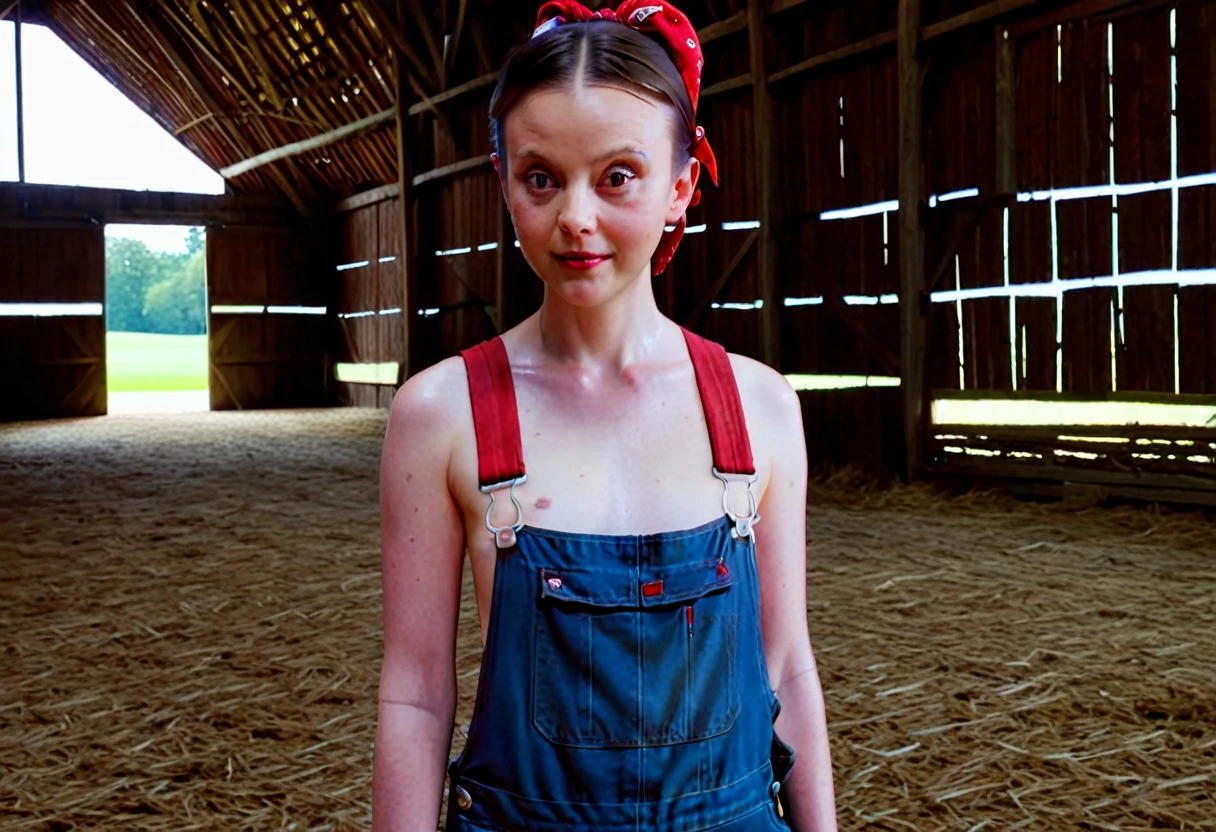 m1ag0th woman, hair bun, red bandana, wearing only overalls, in a barn, pearl movie