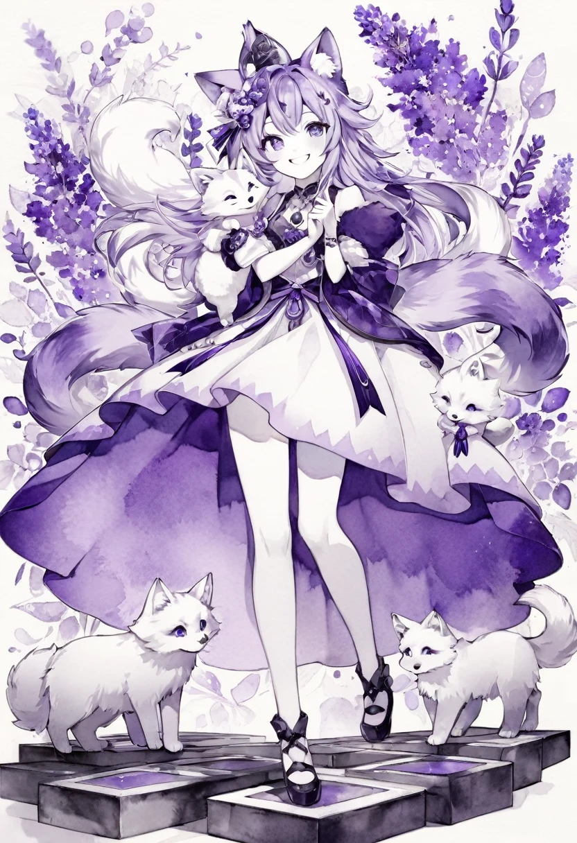 monochrome, watercolor, highres, top quality, best quality, paid reward available, High-quality illustrations, unparalleled masterpiece, perfect artwork, absurdres, 1girl, kemono, furry, detailed body fur, animal face, animal hand, Archaic Smile, holding a cluster of purple lavender in both hands, which are positioned at chest level, She is wearing a simple ring on the ring finger of her left hand, unfocused spread of purple lavender, fan-created work shared on platforms Pixiv or Twitter,