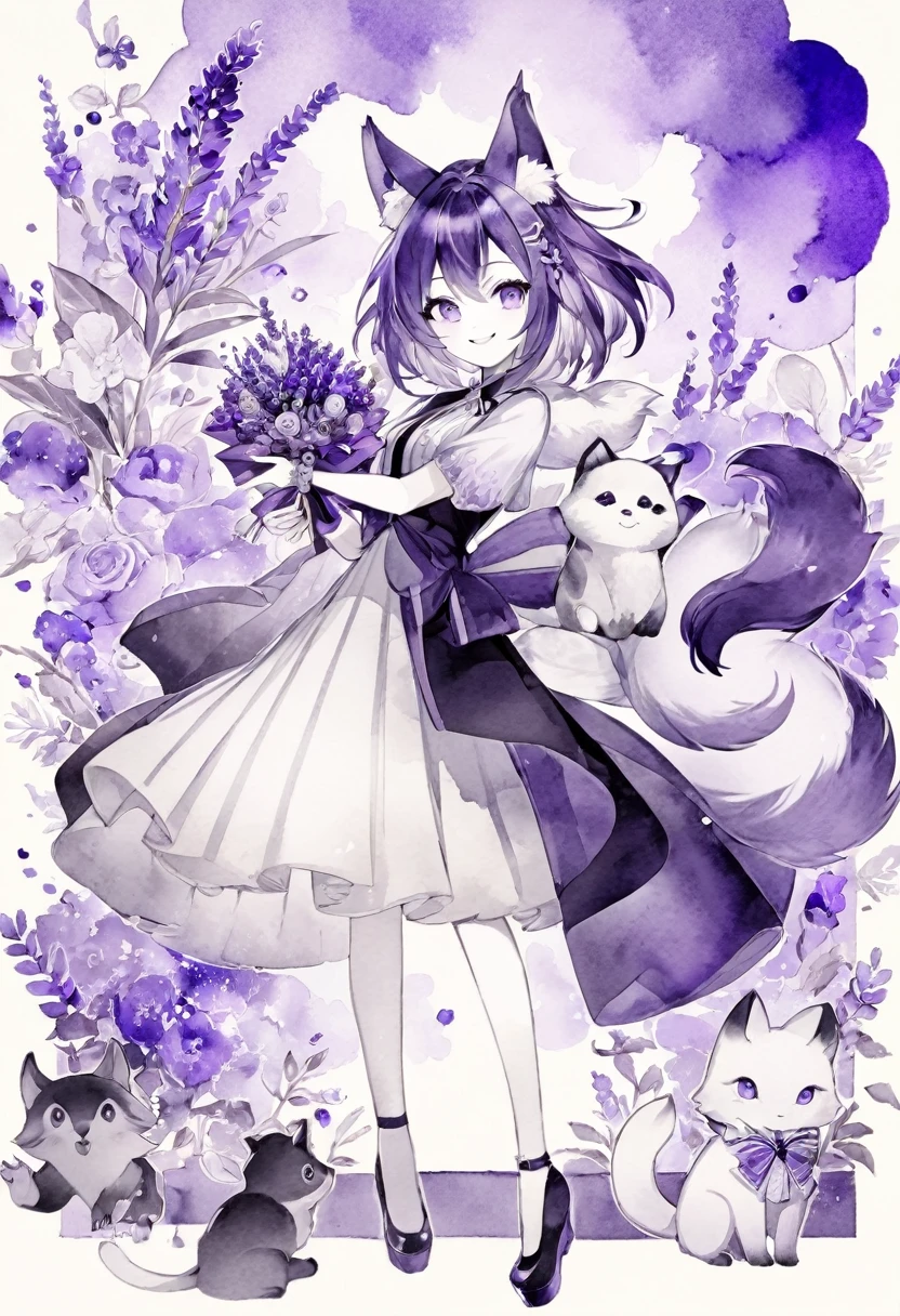 monochrome, watercolor, highres, top quality, best quality, paid reward available, High-quality illustrations, unparalleled masterpiece, perfect artwork, absurdres, 1girl, kemono, furry, detailed body fur, animal face, animal hand, Archaic Smile, holding a cluster of purple lavender in both hands, which are positioned at chest level, She is wearing a simple ring on the ring finger of her left hand, unfocused spread of purple lavender, fan-created work shared on platforms Pixiv or Twitter,