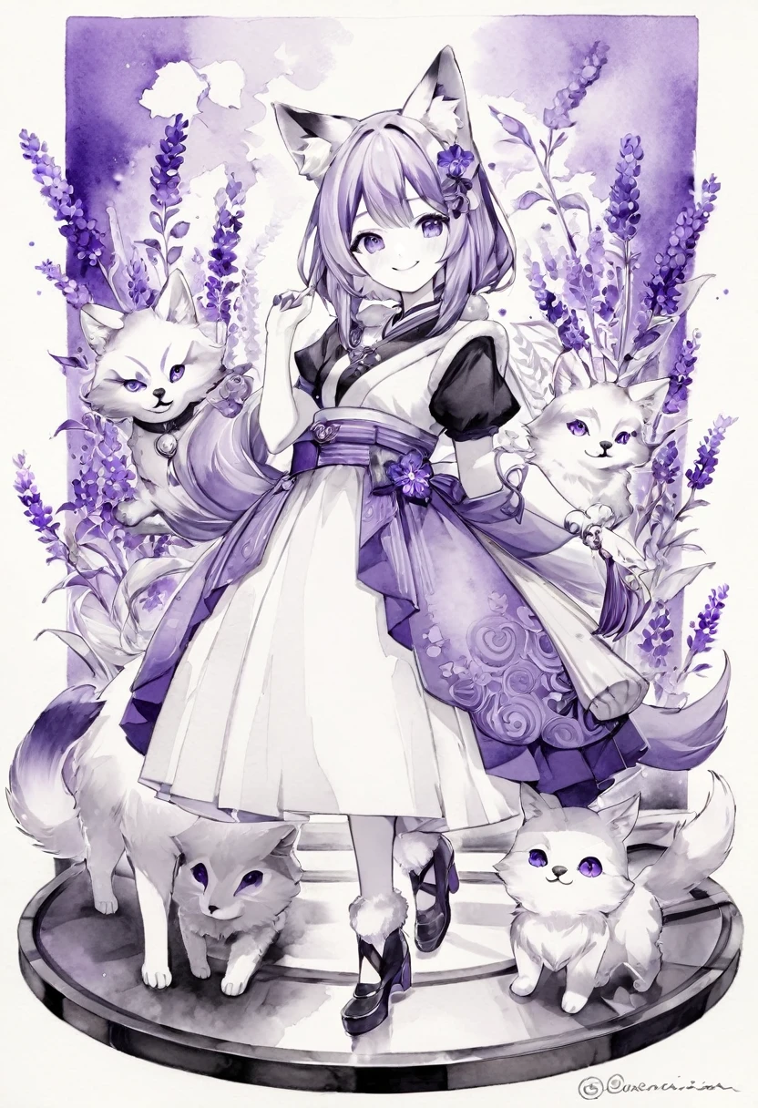 monochrome, watercolor, highres, top quality, best quality, paid reward available, High-quality illustrations, unparalleled masterpiece, perfect artwork, absurdres, 1girl, kemono, furry, detailed body fur, animal face, animal hand, Archaic Smile, holding a cluster of purple lavender in both hands, which are positioned at chest level, She is wearing a simple ring on the ring finger of her left hand, unfocused spread of purple lavender, fan-created work shared on platforms Pixiv or Twitter,